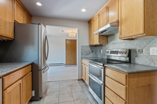 13908 E 32nd Ave, Spokane Valley, WA 99037 - kitchen featuring appliances with stainless steel finishes, under cabinet range hood, a baseboard heating unit, tasteful backsplash, and light carpet