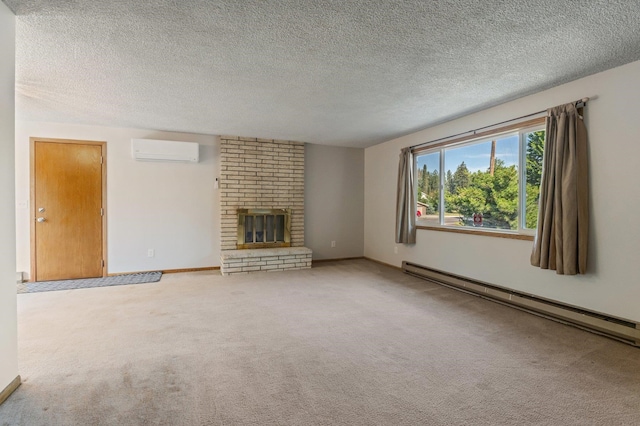 13908 E 32nd Ave, Spokane Valley, WA 99037 - unfurnished living room featuring a baseboard radiator, a wall mounted AC, light carpet, a textured ceiling, and a fireplace