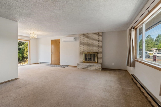 13908 E 32nd Ave, Spokane Valley, WA 99037 - unfurnished living room with baseboard heating, a wall mounted air conditioner, a chandelier, carpet, and a textured ceiling