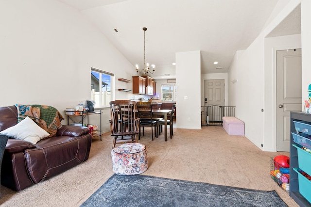 19020 E Euclid Ave, Otis Orchards, WA 99037 - living area featuring a chandelier, carpet floors, lofted ceiling, and recessed lighting