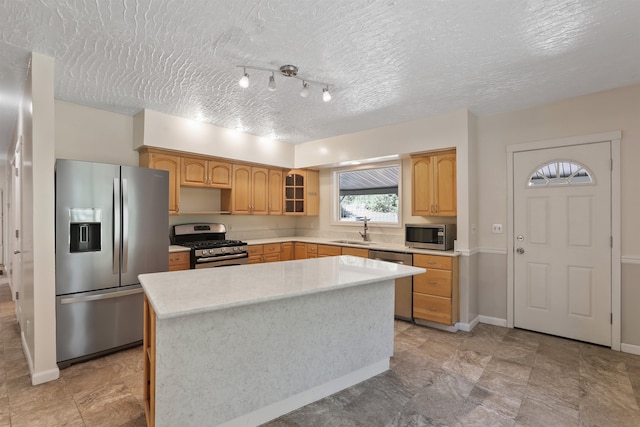 17221 N Little Spokane Dr, Colbert, WA 99005 - kitchen with appliances with stainless steel finishes, light countertops, a kitchen island, glass insert cabinets, and a textured ceiling