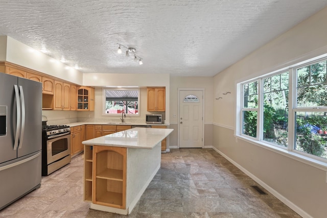 17221 N Little Spokane Dr, Colbert, WA 99005 - kitchen featuring stainless steel appliances, light countertops, open shelves, glass insert cabinets, and a center island