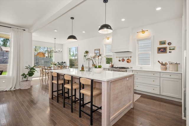 3103 W 18th Ave, Spokane, WA 99224 - kitchen with custom exhaust hood, dark wood-style floors, light countertops, a center island with sink, and a kitchen bar