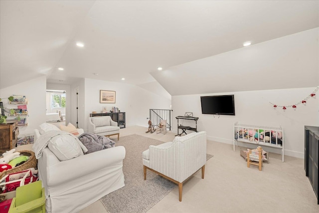 3103 W 18th Ave, Spokane, WA 99224 - living room featuring vaulted ceiling, recessed lighting, and light colored carpet