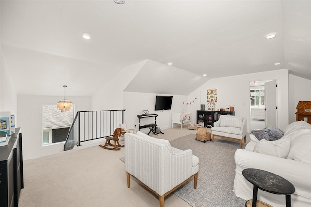 3103 W 18th Ave, Spokane, WA 99224 - living area featuring vaulted ceiling, light carpet, and recessed lighting