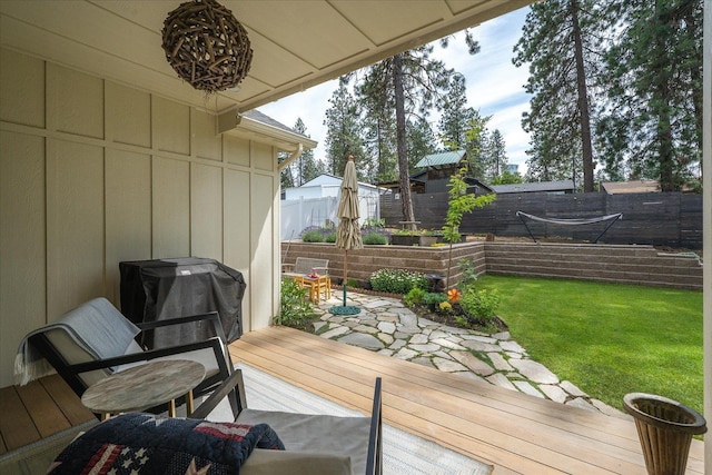 3103 W 18th Ave, Spokane, WA 99224 - deck with a fenced backyard, area for grilling, a shed, and a patio area
