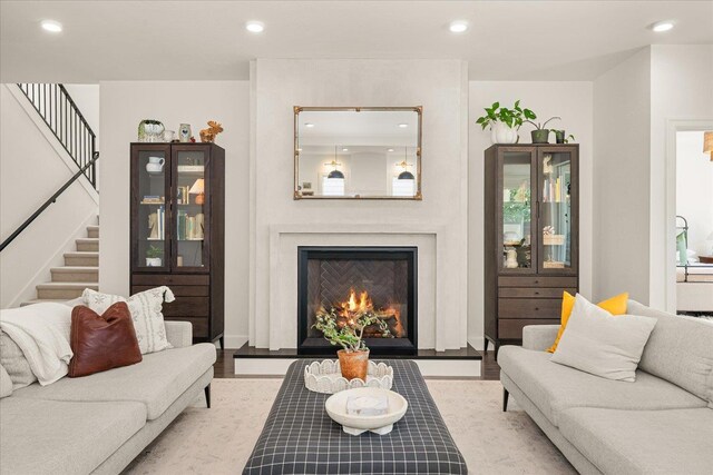 3103 W 18th Ave, Spokane, WA 99224 - living area featuring recessed lighting, stairs, and a lit fireplace