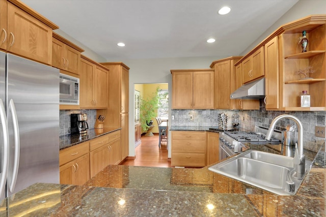 2716 S Man O War Ln, Veradale, WA 99037 - kitchen with appliances with stainless steel finishes, under cabinet range hood, open shelves, decorative backsplash, and recessed lighting