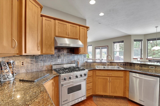 2716 S Man O War Ln, Veradale, WA 99037 - kitchen with stainless steel appliances, under cabinet range hood, plenty of natural light, tasteful backsplash, and recessed lighting