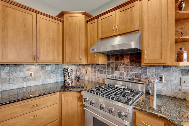 2716 S Man O War Ln, Veradale, WA 99037 - kitchen featuring stainless steel gas range oven, range hood, decorative backsplash, and dark stone counters