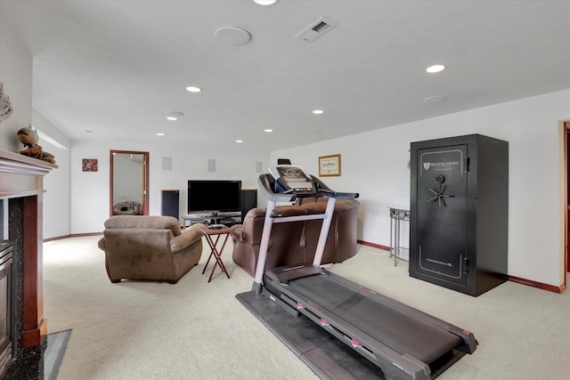 2716 S Man O War Ln, Veradale, WA 99037 - exercise area featuring carpet floors, recessed lighting, and a high end fireplace