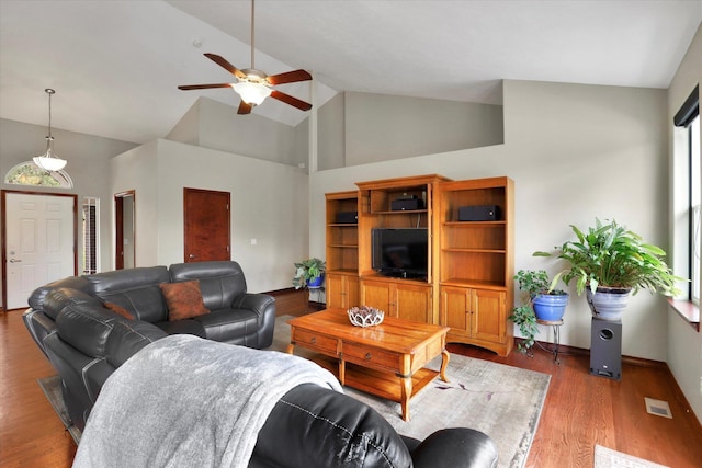 2716 S Man O War Ln, Veradale, WA 99037 - living room featuring a ceiling fan, high vaulted ceiling, and wood finished floors