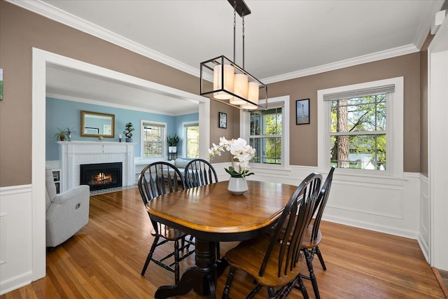 1123 W 25th Ave, Spokane, WA 99203 - dining room featuring wood finished floors, a wainscoted wall, ornamental molding, and a brick fireplace