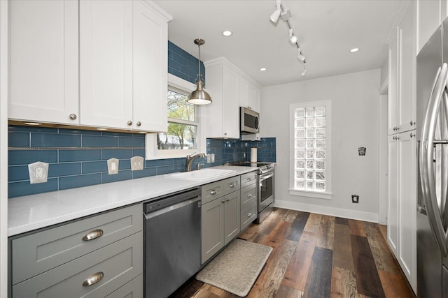 1123 W 25th Ave, Spokane, WA 99203 - kitchen featuring appliances with stainless steel finishes, gray cabinets, light countertops, white cabinets, and recessed lighting