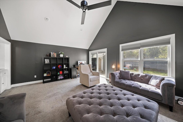 1123 W 25th Ave, Spokane, WA 99203 - carpeted living area featuring high vaulted ceiling and ceiling fan