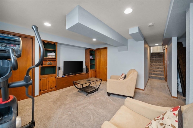 1123 W 25th Ave, Spokane, WA 99203 - carpeted living room featuring stairway and recessed lighting