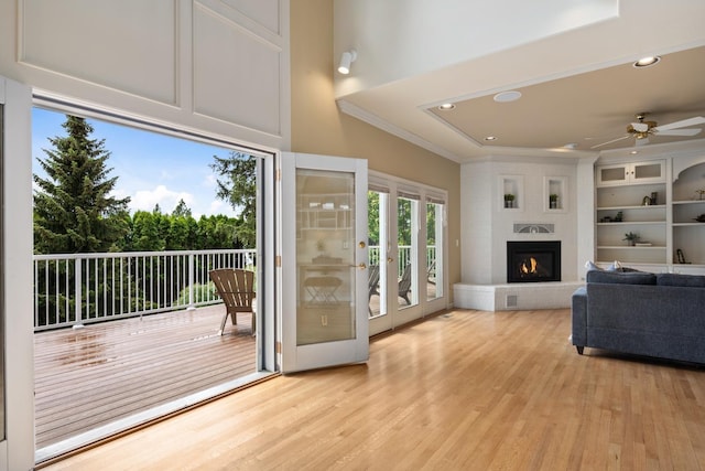 1714 E S Ridge Dr, Spokane, WA 99223 - living area featuring a ceiling fan, light wood-style flooring, recessed lighting, a fireplace, and ornamental molding