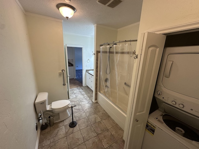 360 E 7th Ave # B, Colville, WA 99114 - bathroom with stacked washing machine and dryer, a textured ceiling, crown molding, and shower / bathtub combination with curtain