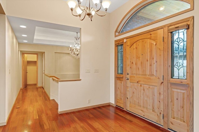 5430 S Quail Ridge Cir, Spokane, WA 99223 - entrance foyer featuring a chandelier, wood finished floors, and recessed lighting