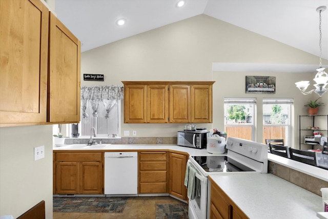 15418 E 24th Ave, Spokane Valley, WA 99037 - kitchen with white appliances, light countertops, a chandelier, brown cabinets, and recessed lighting