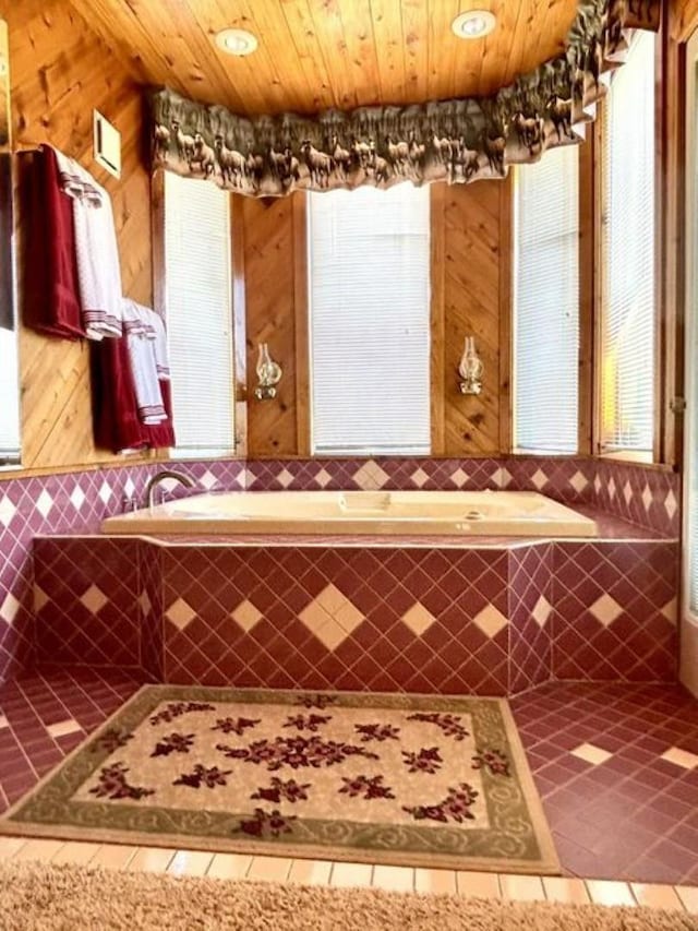 1425 N Chapin Rd, Evans, WA 99126 - bathroom featuring a garden tub, tile patterned floors, wooden walls, wood ceiling, and recessed lighting