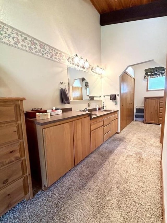 1425 N Chapin Rd, Evans, WA 99126 - bathroom featuring carpet, vanity, and wooden ceiling