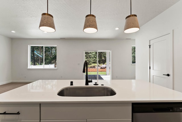 1215 S Radio Ln, Spokane Valley, WA 99212 - kitchen with stainless steel dishwasher, light countertops, decorative light fixtures, wood finished floors, and recessed lighting