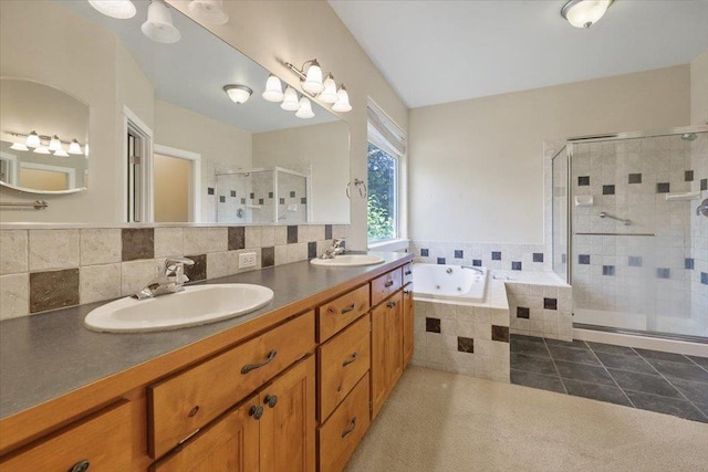3405 W Kens Ct, Spokane, WA 99208 - full bath with a shower stall, a jetted tub, double vanity, and tile patterned floors