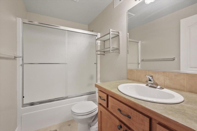 3405 W Kens Ct, Spokane, WA 99208 - full bathroom with vanity, shower / bath combination with glass door, and backsplash