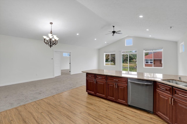 403 N Calvin Ln, Spokane Valley, WA 99216 - kitchen featuring stainless steel dishwasher, light wood-type flooring, open floor plan, lofted ceiling, and ceiling fan
