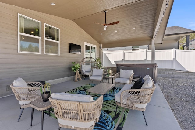 3228 N Mckinnon Rd, Spokane, WA 99217 - view of patio featuring a hot tub, an outdoor living space, and ceiling fan