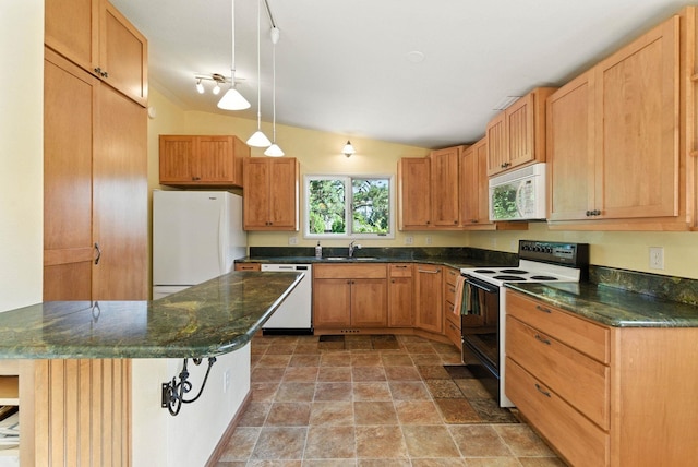 3832 S Cook St, Spokane, WA 99223 - kitchen with white appliances, lofted ceiling, light stone finish floors, decorative light fixtures, and dark stone counters