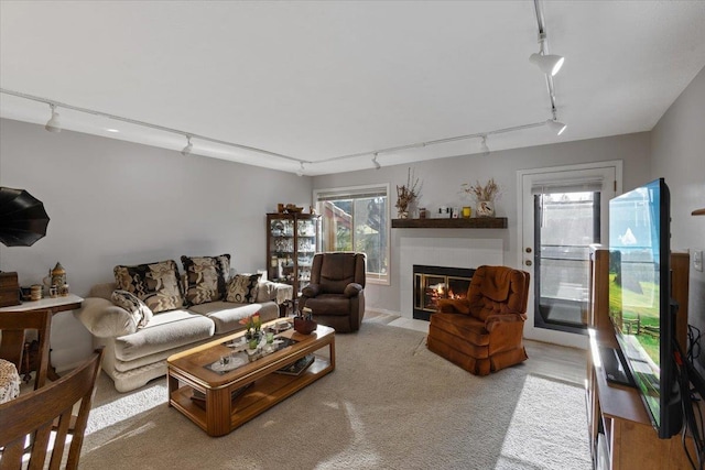 3714 S Alder Cir, Spokane, WA 99223 - carpeted living area with track lighting and a tiled fireplace