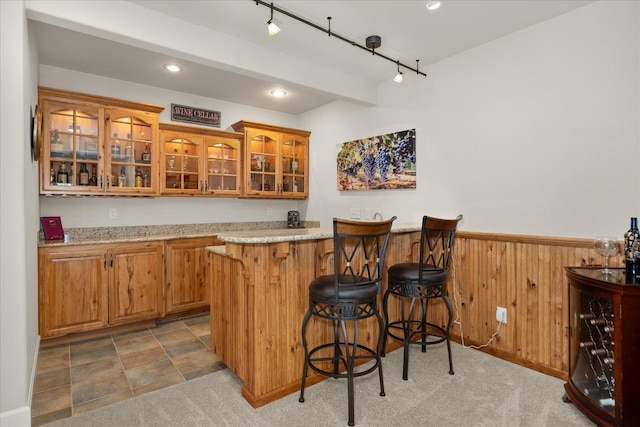 5614 N Thierman Rd, Spokane, WA 99217 - indoor wet bar with rail lighting, a wainscoted wall, wooden walls, recessed lighting, and carpet