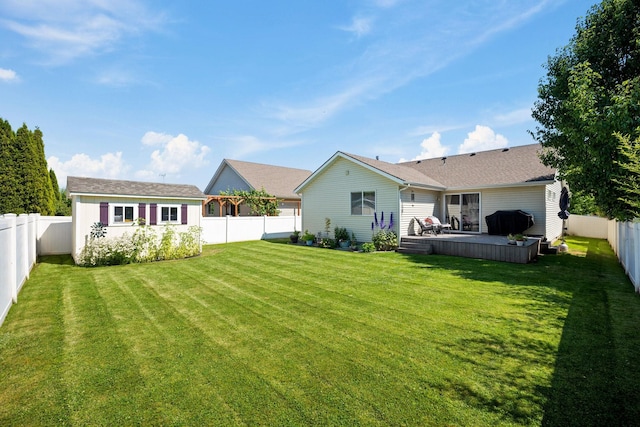 1720 W Briar Ln, Spokane, WA 99208 - back of house featuring a fenced backyard, a deck, and an outbuilding