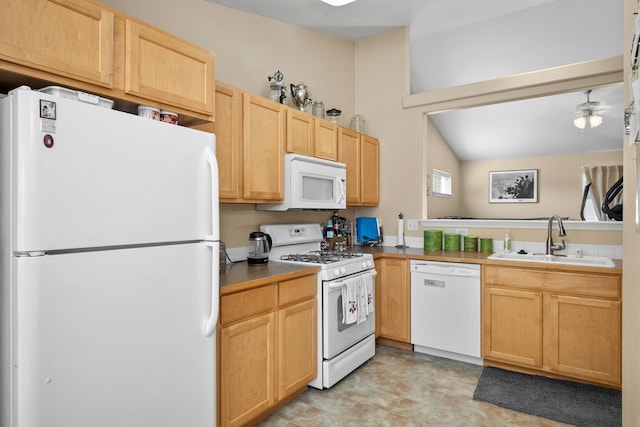 1720 W Briar Ln, Spokane, WA 99208 - kitchen with white appliances, light brown cabinets, ceiling fan, and lofted ceiling