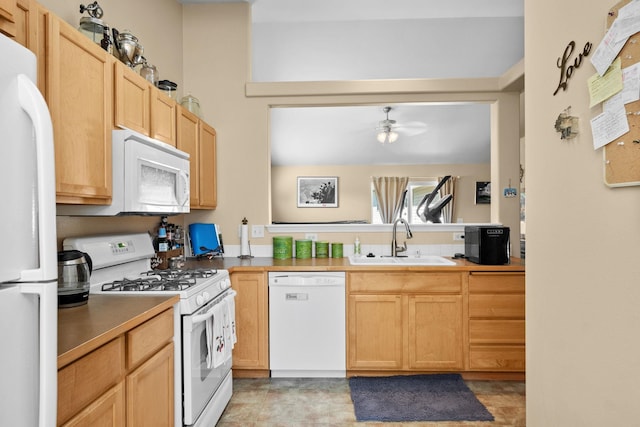 1720 W Briar Ln, Spokane, WA 99208 - kitchen with white appliances, ceiling fan, and light brown cabinetry