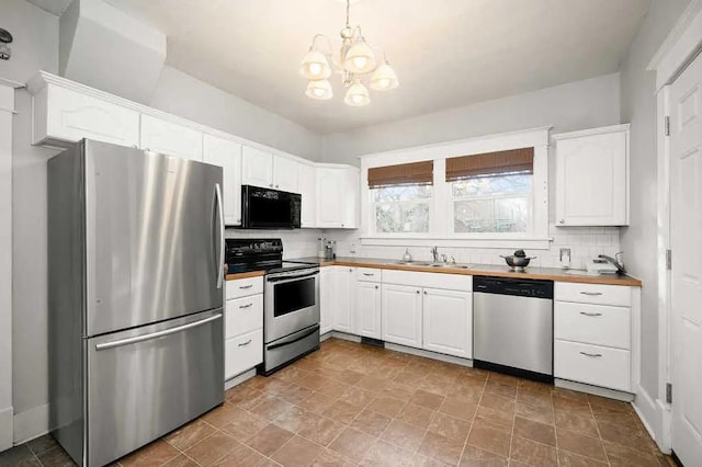 1518 W 6th Ave, Spokane, WA 99204 - kitchen featuring stainless steel appliances, a chandelier, white cabinetry, butcher block counters, and decorative backsplash