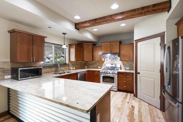 16319 E Whirlaway Ln, Veradale, WA 99037 - kitchen with appliances with stainless steel finishes, a peninsula, beamed ceiling, under cabinet range hood, and decorative backsplash