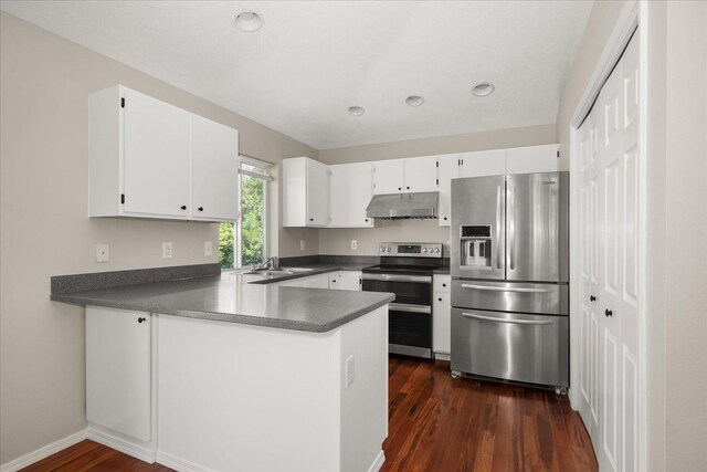 4407 E 14th Ave, Spokane, WA 99212 - kitchen featuring appliances with stainless steel finishes, under cabinet range hood, dark wood-style floors, a peninsula, and white cabinets