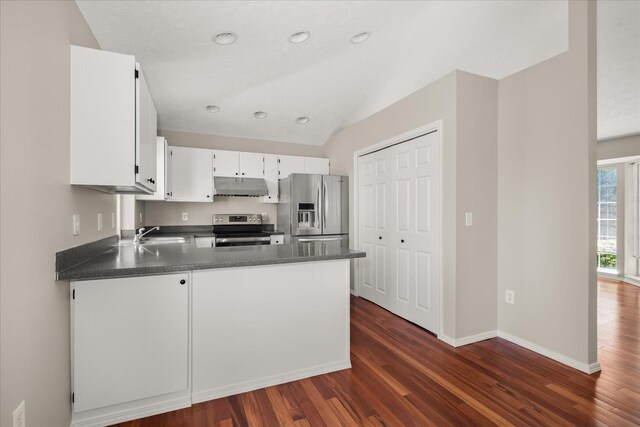4407 E 14th Ave, Spokane, WA 99212 - kitchen featuring stainless steel appliances, under cabinet range hood, dark wood-type flooring, dark countertops, and a peninsula