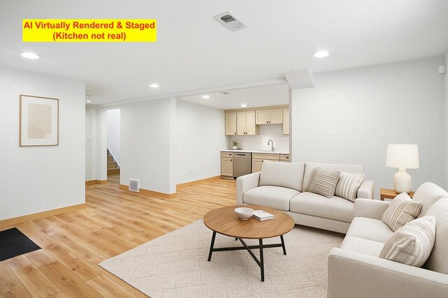 3121 S Manito Blvd, Spokane, WA 99203 - living room with stairway, light wood finished floors, recessed lighting, and wet bar