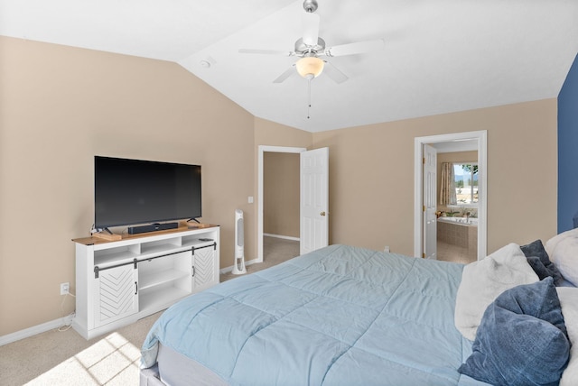 3421 S Mcdonald St, Spokane Valley, WA 99206 - bedroom with vaulted ceiling, light colored carpet, a ceiling fan, and ensuite bathroom