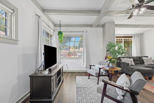 3129 E 34th Ave, Spokane, WA 99223 - living room with beam ceiling, ceiling fan, dark wood-style floors, and coffered ceiling