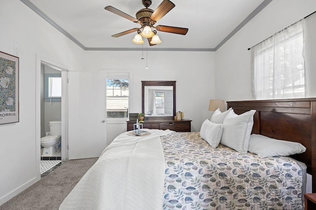 3129 E 34th Ave, Spokane, WA 99223 - bedroom featuring carpet floors, crown molding, connected bathroom, and ceiling fan