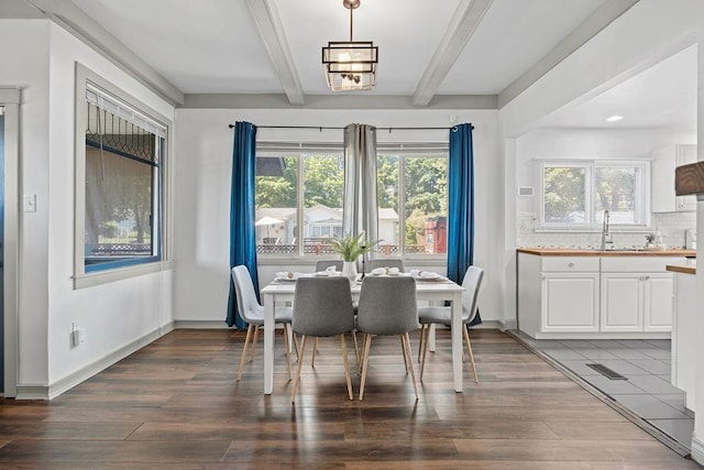 3129 E 34th Ave, Spokane, WA 99223 - dining room featuring beam ceiling, dark wood-style flooring, and recessed lighting