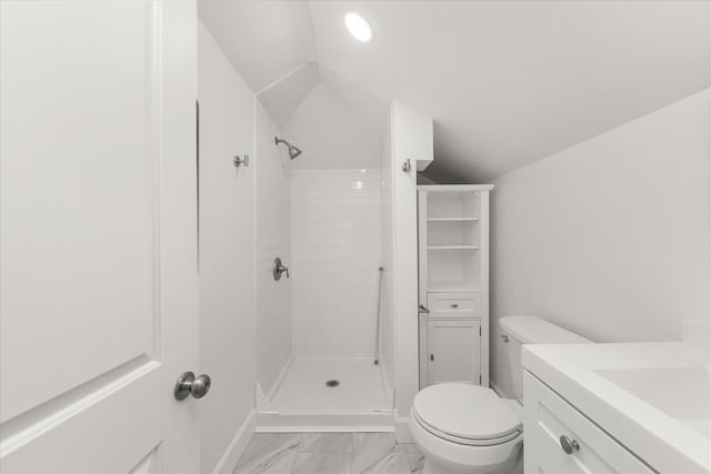 1728 S Adams St, Spokane, WA 99203 - bathroom featuring a shower stall, vaulted ceiling, marble finish flooring, and vanity