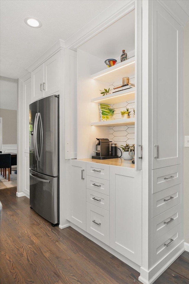 5203 S S Hogan Ct, Spokane, WA 99223 - kitchen featuring freestanding refrigerator, dark wood-style floors, open shelves, white cabinetry, and recessed lighting