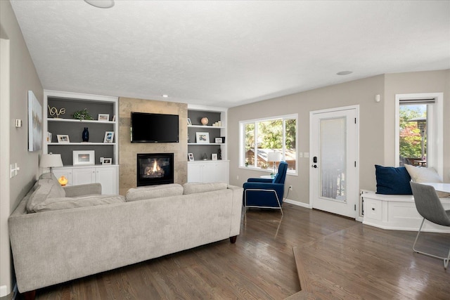 5203 S S Hogan Ct, Spokane, WA 99223 - living room with a fireplace, a textured ceiling, dark wood-style floors, and built in features