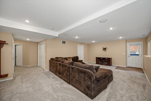 5203 S S Hogan Ct, Spokane, WA 99223 - living room featuring light carpet and recessed lighting